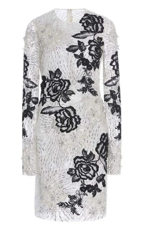 Beaded Contrast Floral Long Sleeve Dress Retro floral dresses