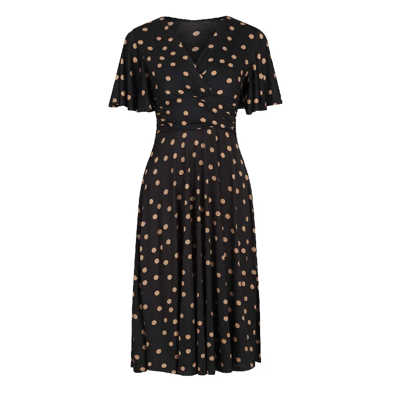Black & Gold Polka Dot Waterfall Sleeve Wrap Style Swing Dress Summer unclassified dresses
