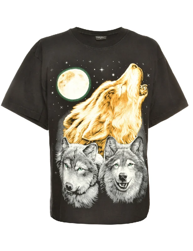Wolf Print Black Animal T-shirt - L Chiffon unclassified dresses