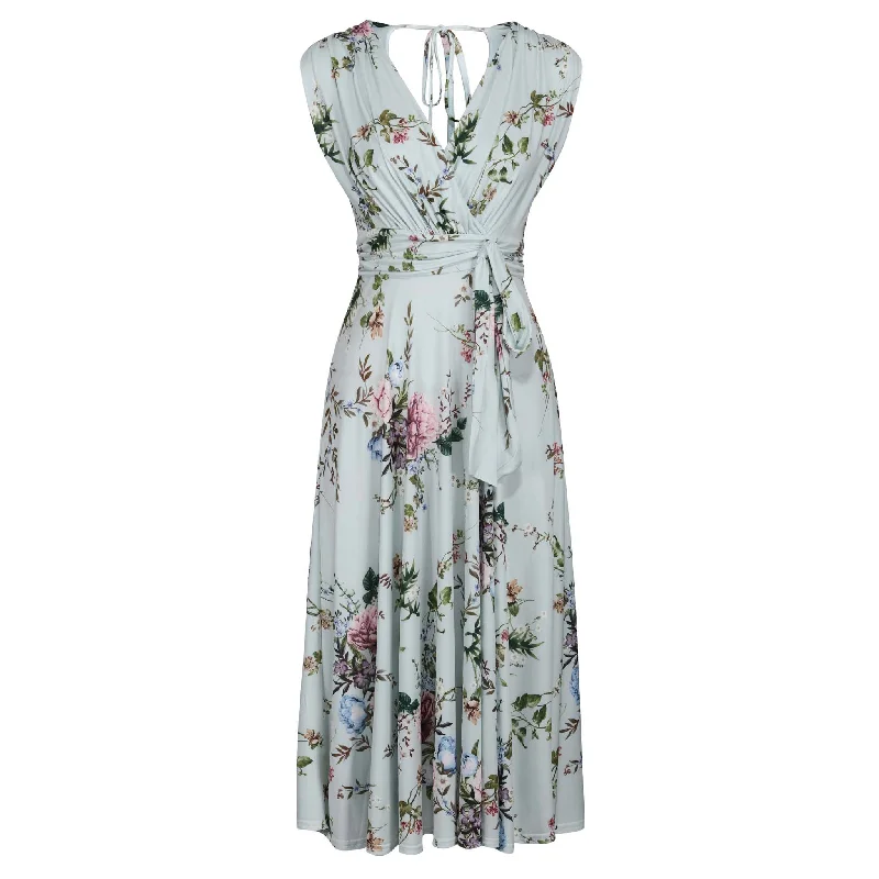 Light Blue Floral V Neck Crossover Top Empire Waist Swing Dress Tiered unclassified dresses