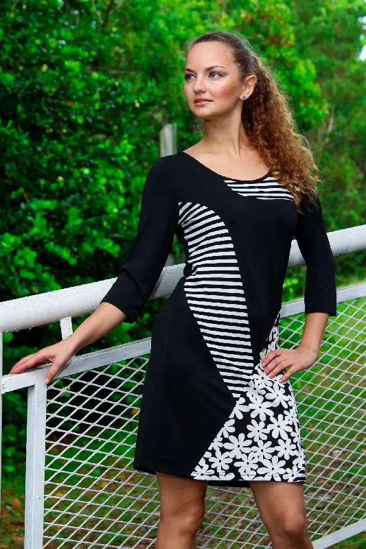 Women's Black White patch Tunic Dress - Tunic Dresses with Sleeves Trendy unclassified dresses