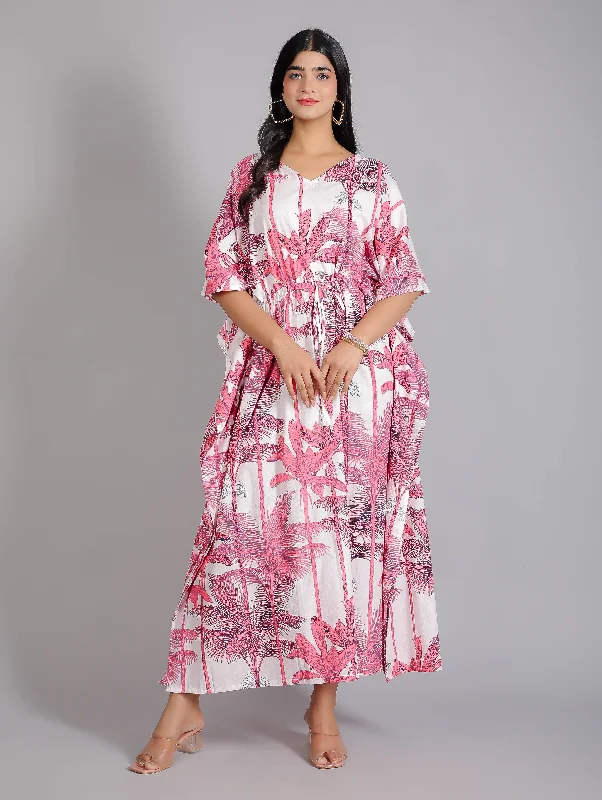 Tropical Print on Pink Cotton Kaftan Maxi Dress Lounge unclassified dresses