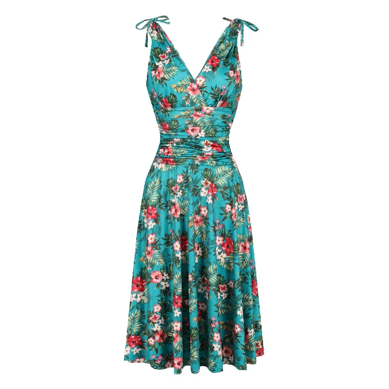 Teal Blue Floral Print Grecian V Neck 50s Swing Dress Polka dot unclassified dresses