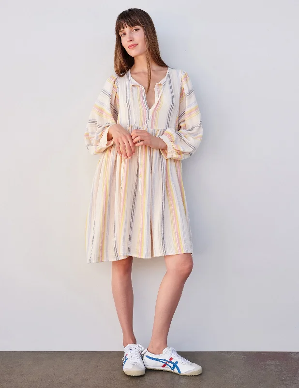 Sundry Midi Blouson Sleeve Dress in Cream/Multi Stripes One-shoulder unclassified dresses