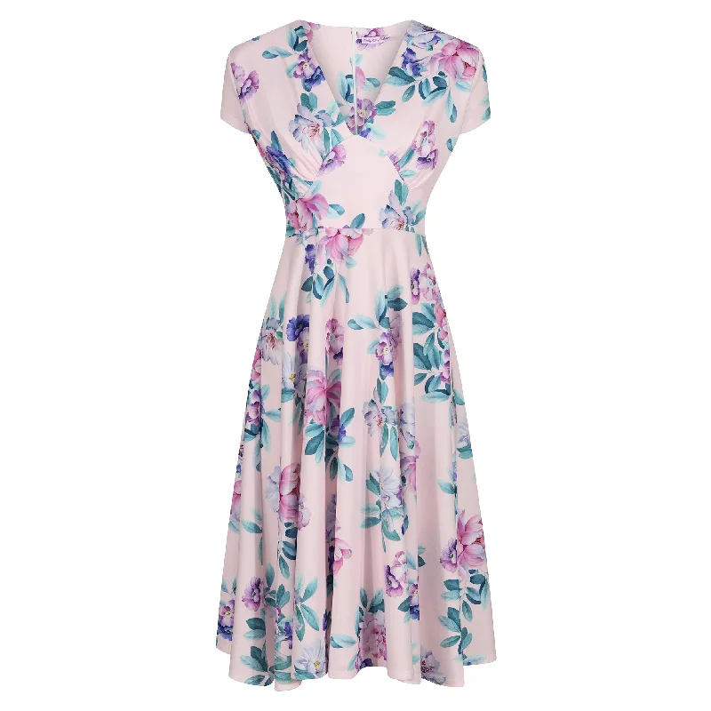Pink Floral Print Ruched Bust Deep V Neck Cap Sleeve 50s Swing Dress Luxury unclassified dresses