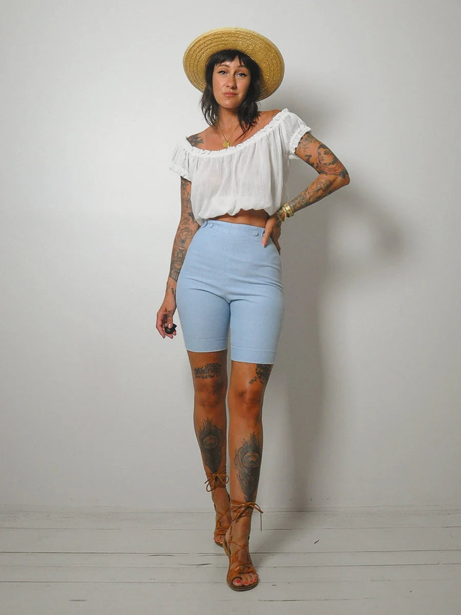 1950's Blue Side Zip Shorts Belted Paper Bag Shorts