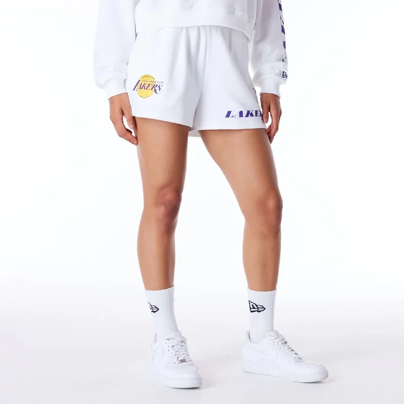 LA Lakers Womens NBA Wordmark White Shorts High-Rise Cutoff Shorts