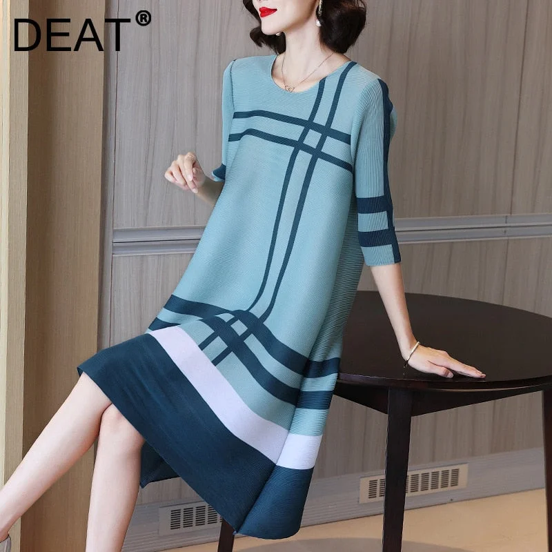 DEAT Woman Midi Pleated Dress Geometric Print Round Collar Seven Sleeve Loose Casual Style Elegant 2022 Autumn 15XM507 Goth midi dresses