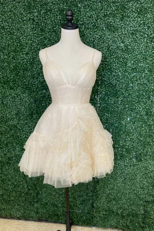 Ivory Straps A-line Short Ruffles Homecoming Dress--Soft Denim Skirt