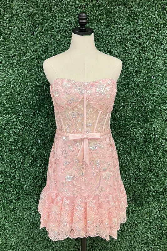 Strapless Pink Sequin Mermaid Mini Dress--Bold Mini Skirt