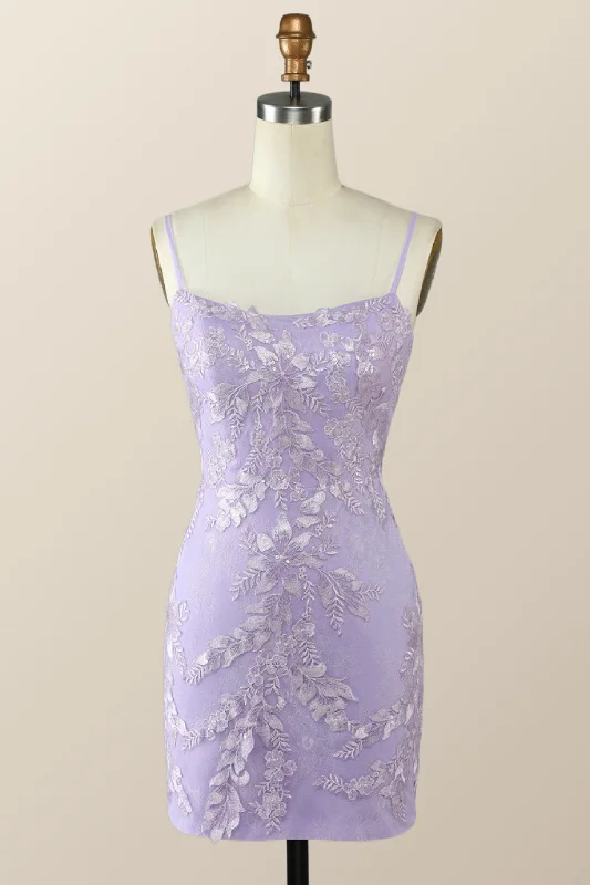 Straps Floral Embroidered Lavender Bodycon Mini Dress--Faded Denim Skirt