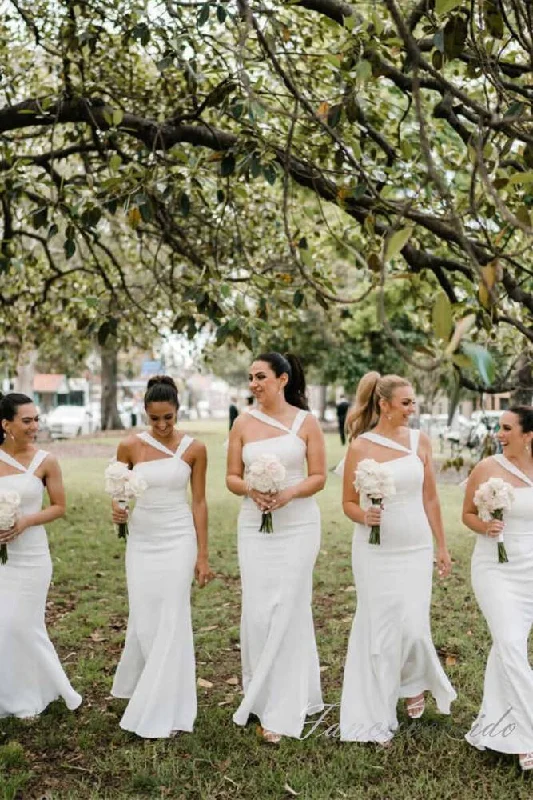Asymmetrical Straps Long Mermaid Bridesmaid Dress with Bow Boho Chic Maxi