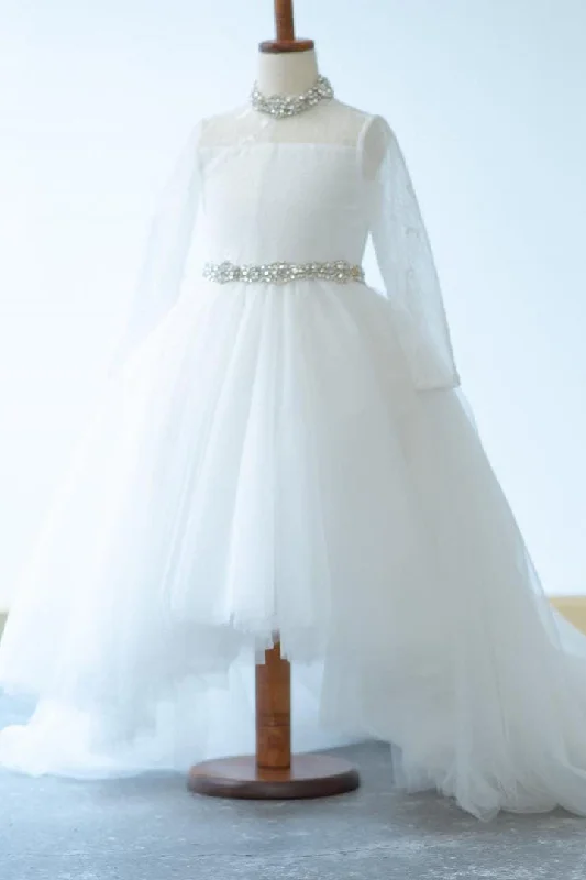 Long Sleeves Hi-Low White Flower Girl Dress with Crystals Soft Ruffled Maxi