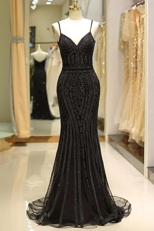 Mermaid Spaghetti Straps Black Long Prom Dress Front Slit Maxi