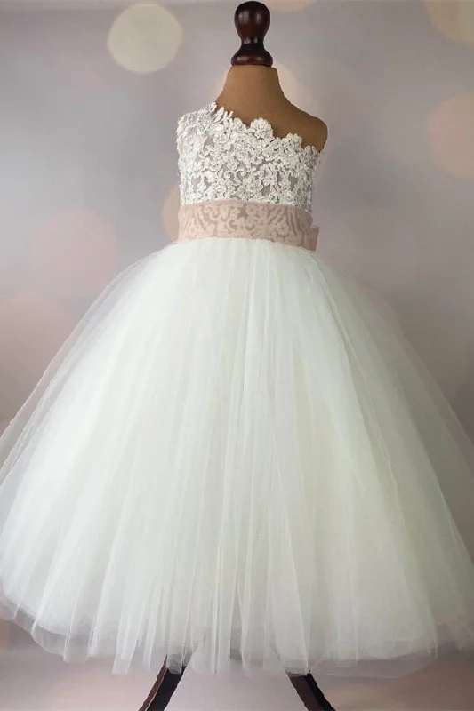One Shoulder Ivory Tea Length Long Flower Gril Dress Tulle Layered Maxi